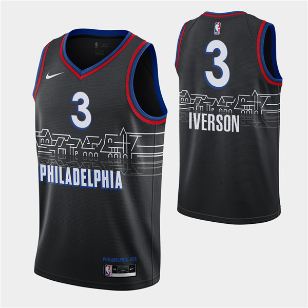 Men's Philadelphia 76ers #3 Allen Iverson 2020-21 Black City Swingman Stitched NBA Jersey